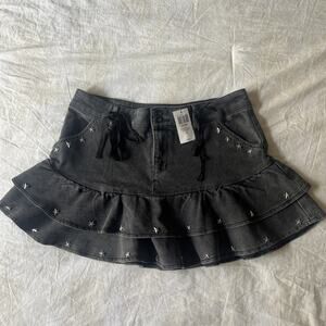 Hot Topic Social Collision Black Washed Ruffle Tiered Mini Skirt Star Studded XL